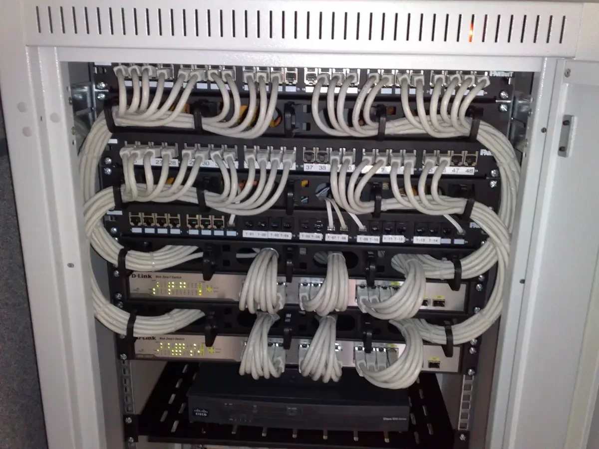 Ethernet switches and patch panels in a server cabinet