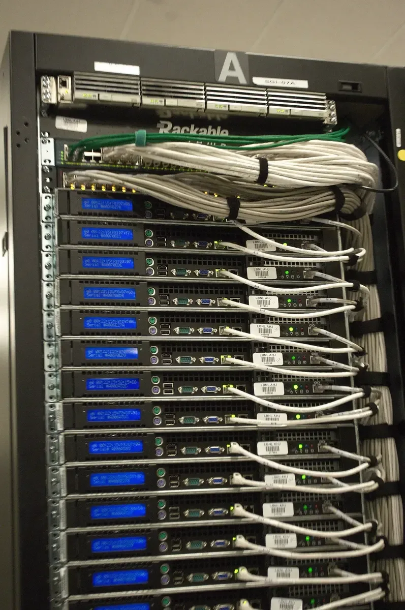 Close-up of a high-performance computing data center rack